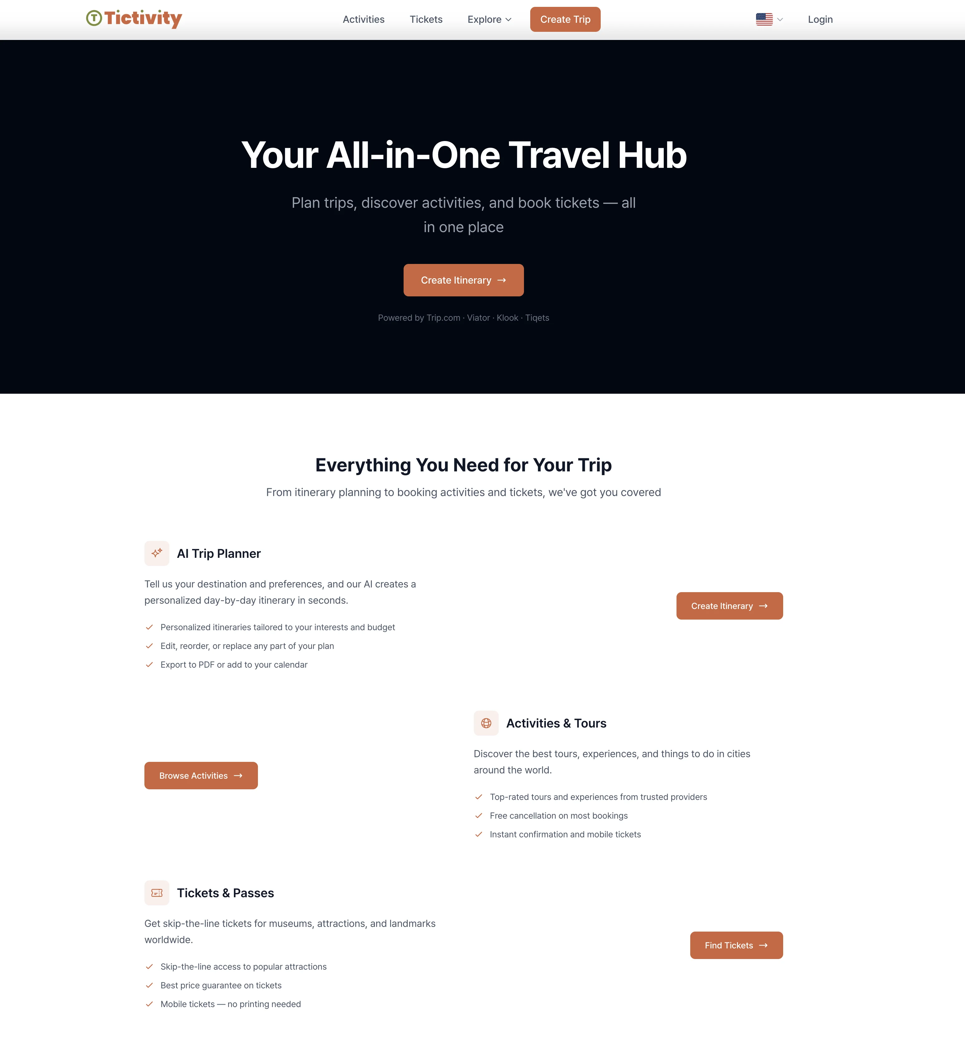 Tictivity一站式旅行平台首頁